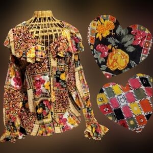 Vtg 90s Gitano yellow abstract roses rooster graphic romantic rufflle top L NWOT